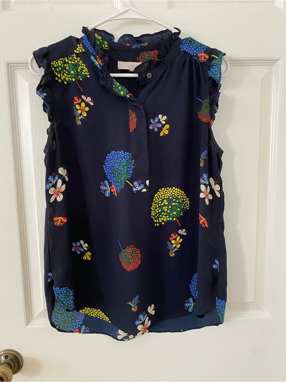 LOFT Navy Sleeveless Ruffle-Trim Floral Print Blouse